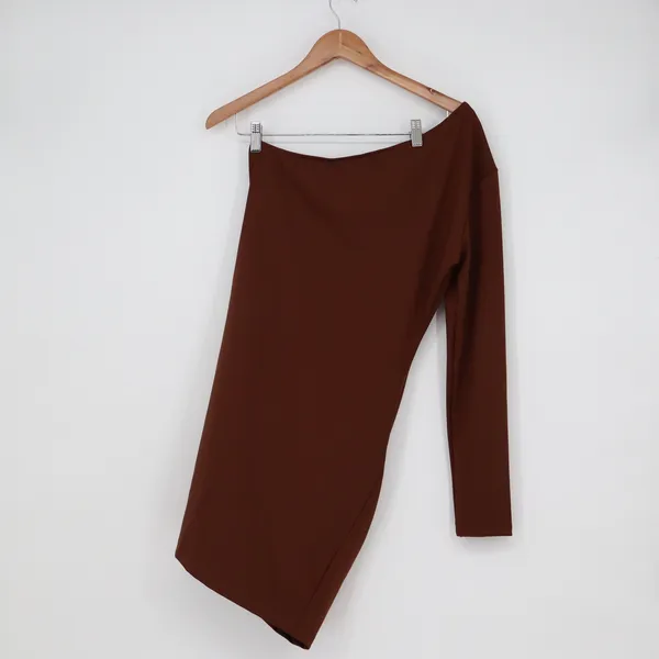 Chocolate Brown One Shoulder Ruched Long Sleeve Mini Bodycon Dress Large - Image 4