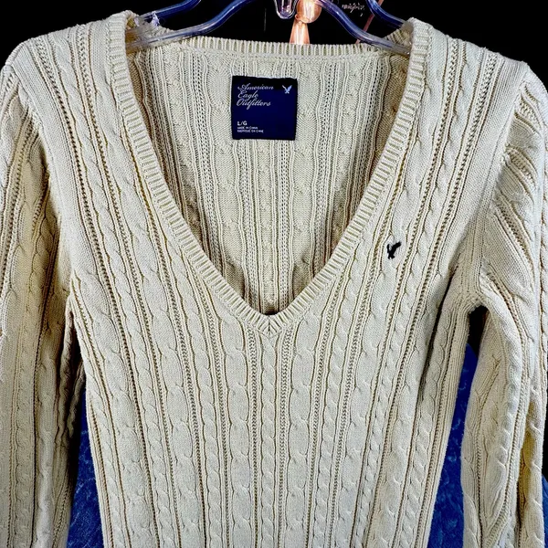 Y2K American Eagle V Neck Fitted Cable Knit Sweater Women Medium Yellow Preppy - Image 6