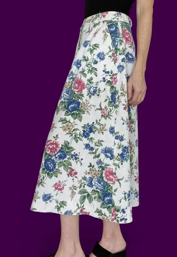 Vintage I.C. Isaacs Cream Floral Cottage Button Midi Skirt - Image 3