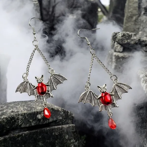 Gothic Bat Wing Vibrant Red Synthetic Gemstone Drop Earrings‎ Silver Plated - Image 5