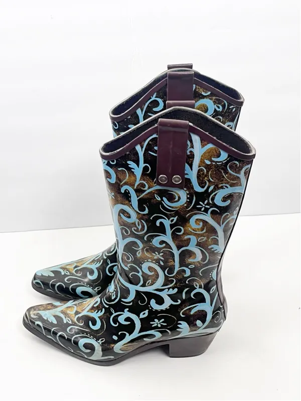 BOPS By Beehive Crain 02 Paisley Print Pointy Toe Rain Boots Size 6 Western Boho - Image 6