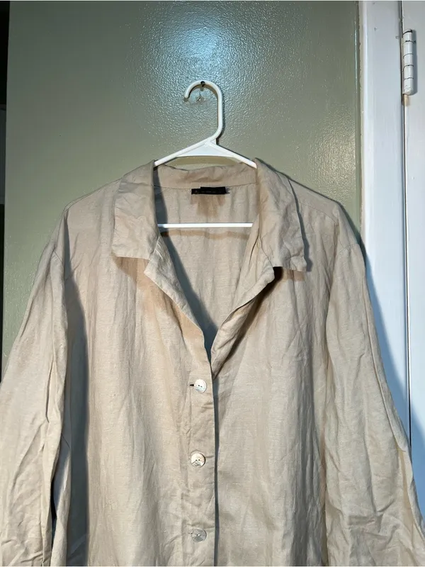 Ashley Stewart Women's Plus Size 26W Button‎ Down Top Beige Pockets Linen Blend - Image 2