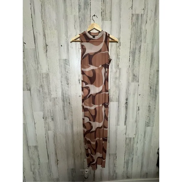 SheIn Brown Abstract Print Mesh Maxi Dress Sleeveless Bodycon Stretch Midi Long Dress - Image 2