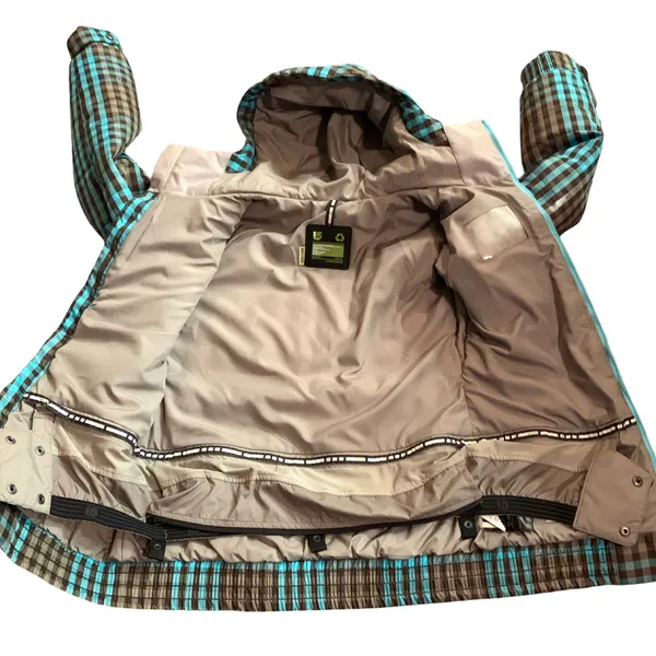 Burton Dry Ride Small Snowboard Ski Jacket Zip Brown Blue Plaid Women's W/hood - Image 5