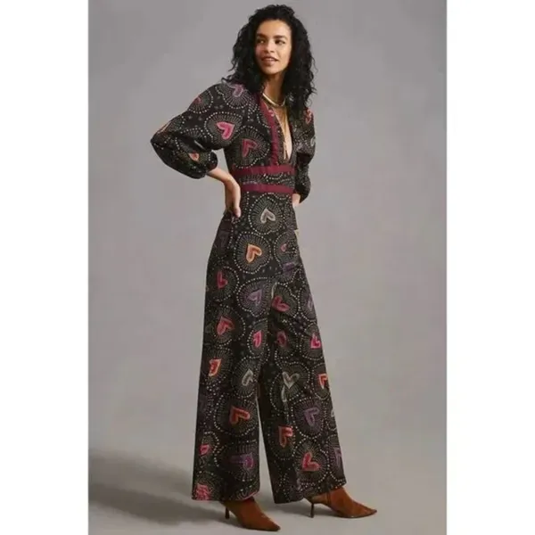 Anthropologie x Farm Rio Jumpsuit M NWT Deep-V Hearts Print Wide-Leg - Image 6
