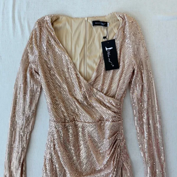 NWT Miss Ord Rose Gold Sequin Mini Dress S Glam Party Cocktail Y2K - Image 6