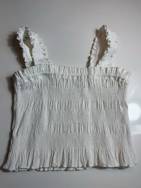 ASTR The Label White Smocked Ruffle‎ Strap Peplum, Feminine Crop Top Size S - Image 2