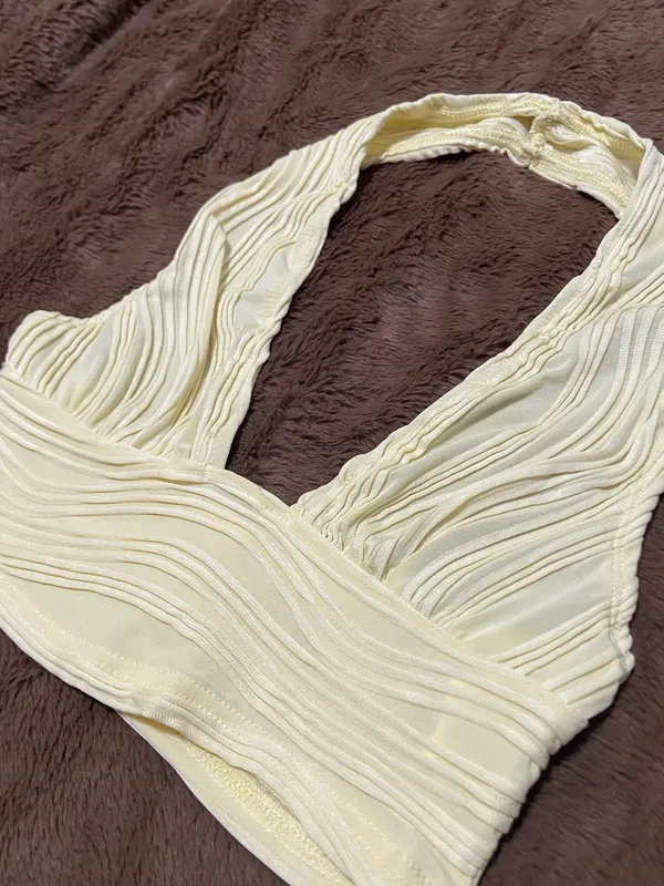 SHEIN ICON Solid Backless Halter Top Pastel Yellow Size XS - Image 3