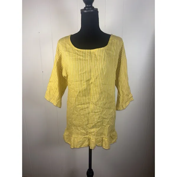 Lungo L'Arno‎ Striped Yellow 100% Linen Tunic Top Ruffle Trim 3/4 Sleeve Small - Image 2