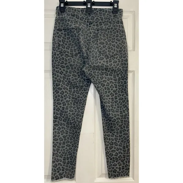 H&M Grey Leopard Animal Print Super Skinny Denim Jeans Raw Hem S - Image 5