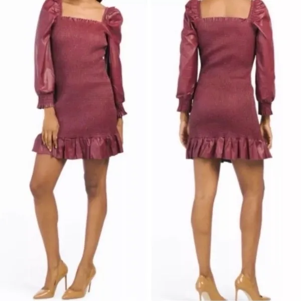 7 For All Mankind Mini Dress Womens M Oxblood Smocked Vegan Leather Coquette - Image 2