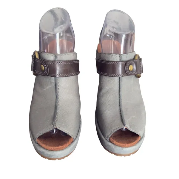 Lucky Brand Women's Gray Leather‎ Peep Toe Wedge Mules Casual Shoes Size 6.5 - Image 3