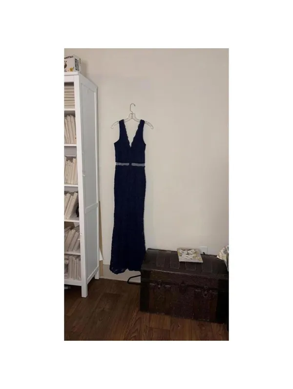 FLAW Juniors Maniju Navy Lace Evening Gown Mermaid High Slit Peekaboo Cut Out - Image 6