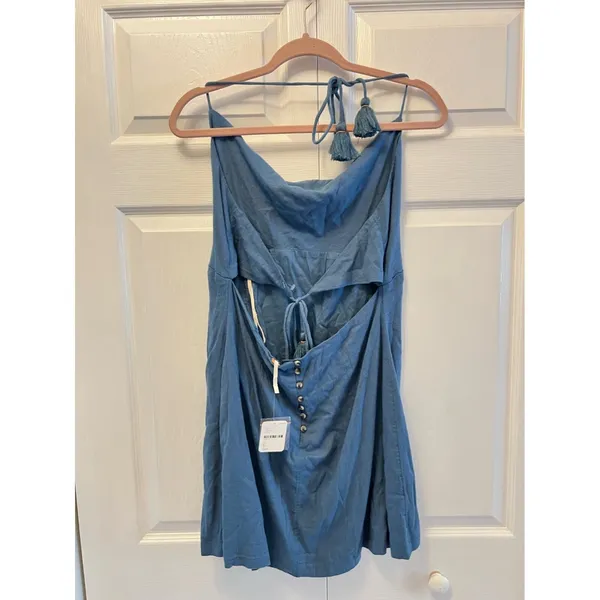 Free People Blue Chambray Denim Mini Dress Sleeveless with Tassel‎ Size L - Image 3