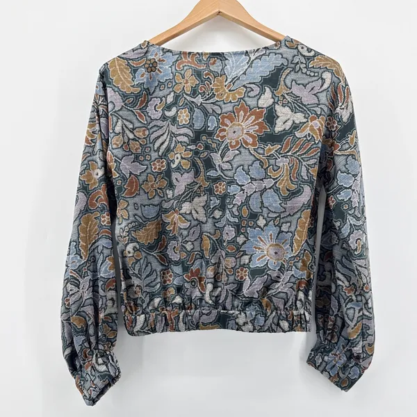 Ann Taylor Floral Mosaic Print Blouse Small Blue Brown Long Sleeve‎ Smocked Hem - Image 4