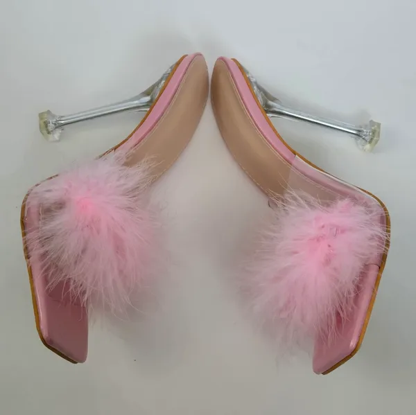 Pink Fluffy Feather PVC Stilletto Mule Heels Size 39 - Image 9
