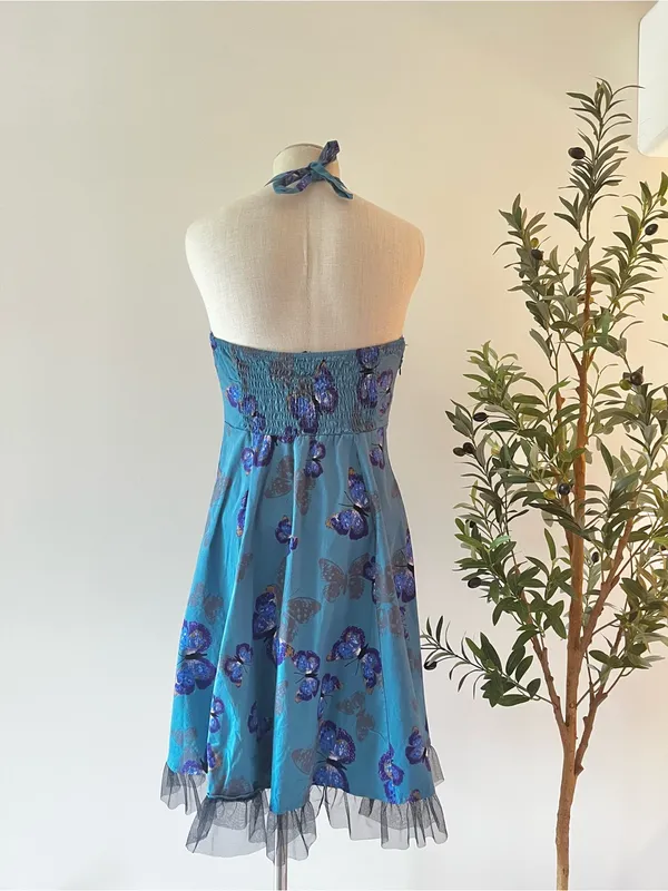 Whimsical teal Blue Butterfly Halter Dress with tulle ruffle - Image 3