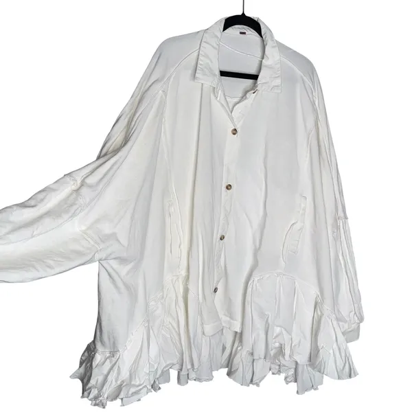 Free People Buttondown Ruffle Hem Shacket Women OS White‎ Oversized Cotton Boho - Image 6