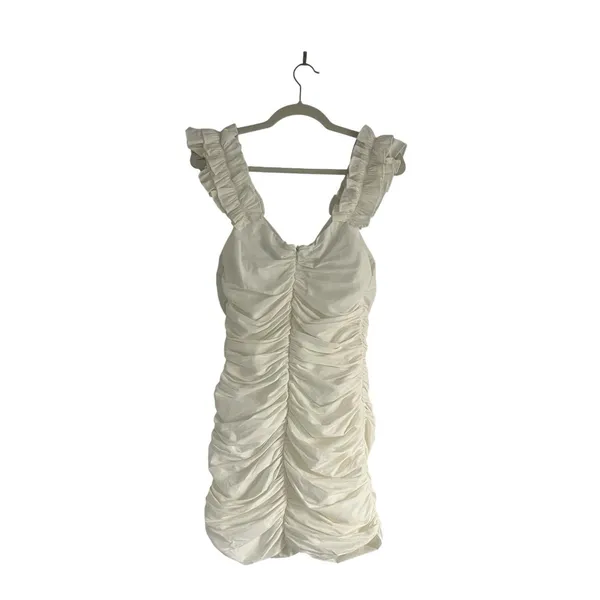 Zara Ruffle Strap Ruched Linen Blend Dress Off White Cream Medium Coastal - Image 4