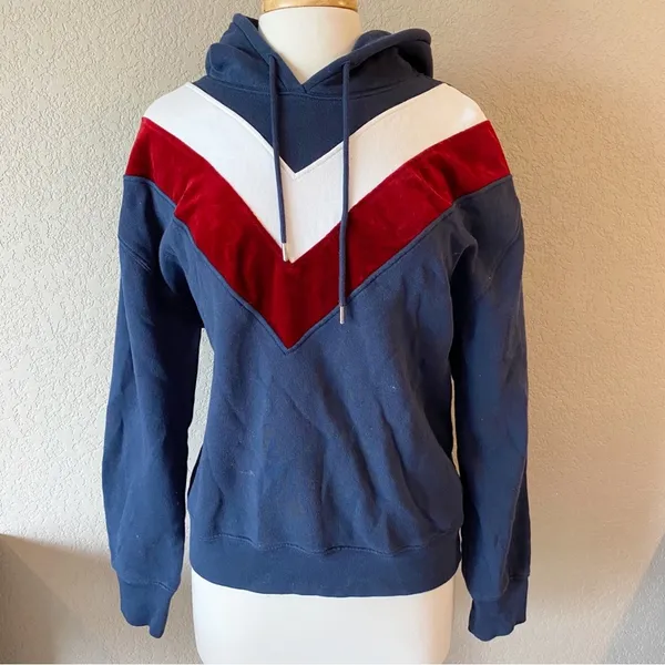 Sandro Paris Navy Velvet Chevron Hooded Sweatshirt Hoodie Small - Image 3