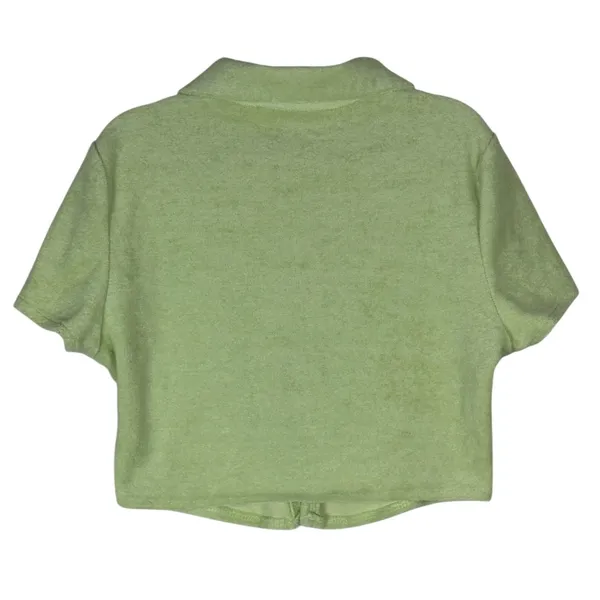 Beige Botany Terry Cloth Crop Top Womens S Pastel Green Button Front Collared - Image 4