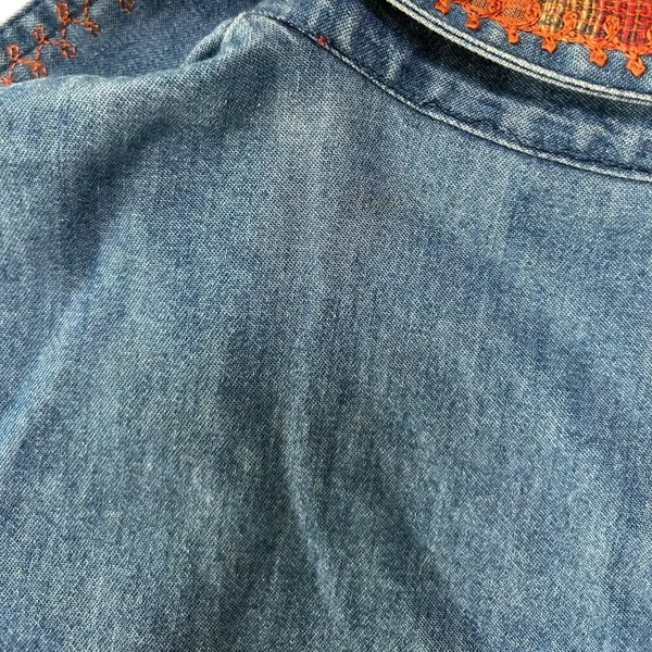 Vintage 90s Keren Hart Fall Autumn Leaf Embroidered Denim Button Down Orange M - Image 3