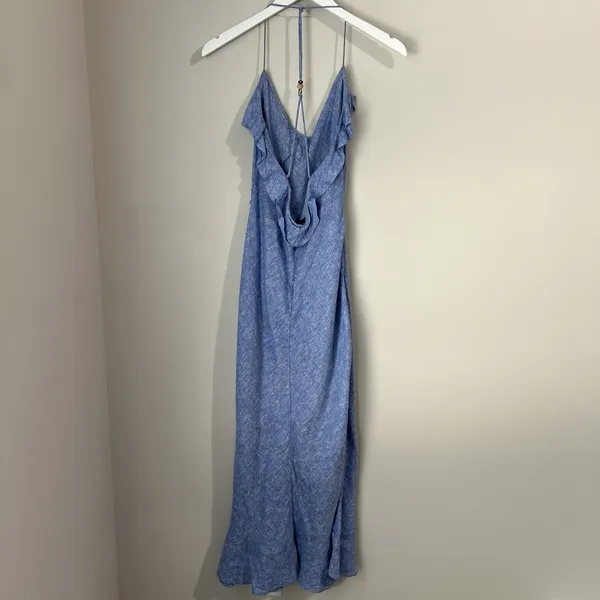 Zara Blue Linen Blend Ruffle Maxi Slip Dress Women's Small Sleeveless Leg Slit - Image 5