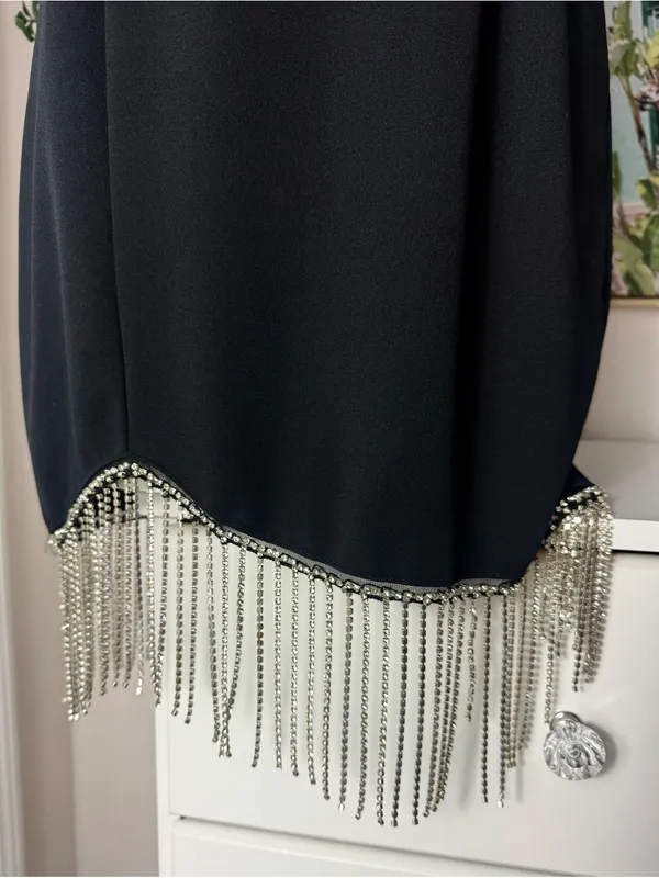 Trixxi Black Silver Rhinestone Chain Fringe Mini LBD Dress Size Large - Image 4