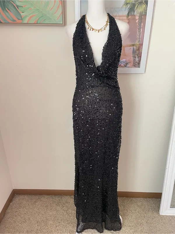 Babyboo Lorena Sequin Cowl Halter Lined Maxi Dress Black Large - Image 8