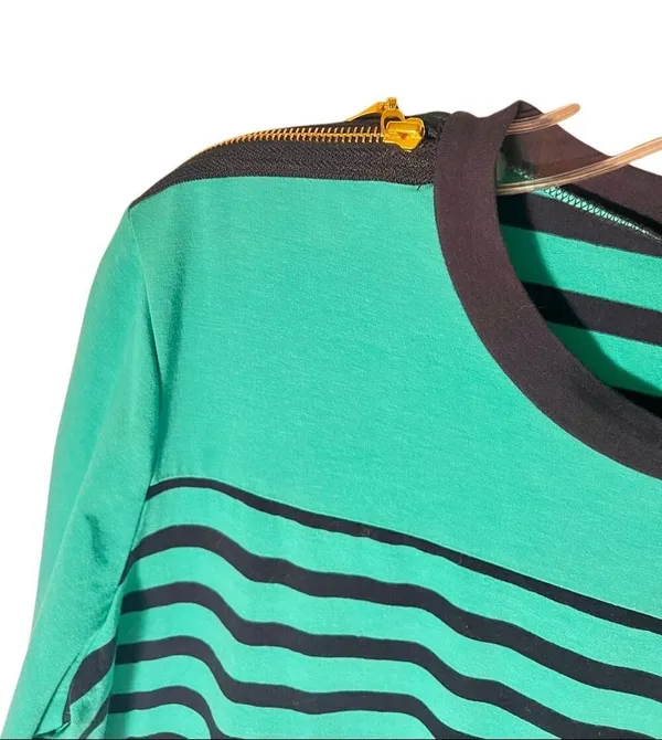Diane Gilman DG2 Striped Long Sleeve Blue/Green W Gold Zipper Shoulder Accent XL - Image 3