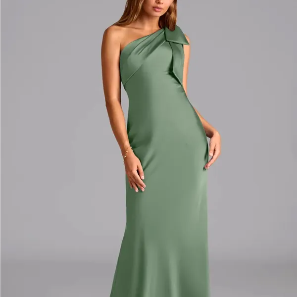 Azazie One-Shoulder Matcha Green Evening Gown - Image 2
