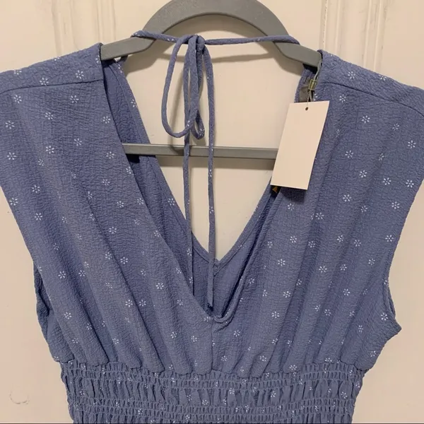 Blue & White Floral Print V Neck Cinched Short Sleeve Dress Size Medium NWT - Image 7