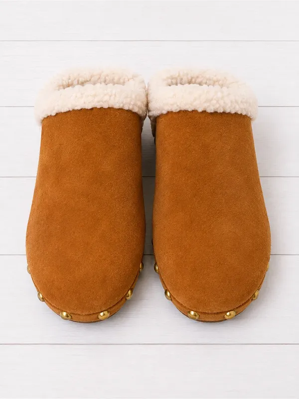 Caslon Cozy Sherpa-Lined Gold Studded Cognac Brown Suede Mule Clog Shoes Size 9 - Image 2