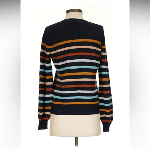 Loft Womens Size Large Crewneck Sweater Navy Blue Multicolor Stripes 100% Cotton - Image 3
