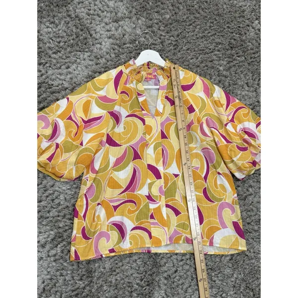THML Women’s Yellow Pink Abstract Swirl Puff Sleeve V-Neck Blouse Top Size M - Image 10