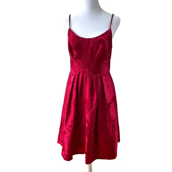 David’s Bridal Crimson Red Floral Jacquard Ballet Scoop Neck Homecoming Dress - Image 7