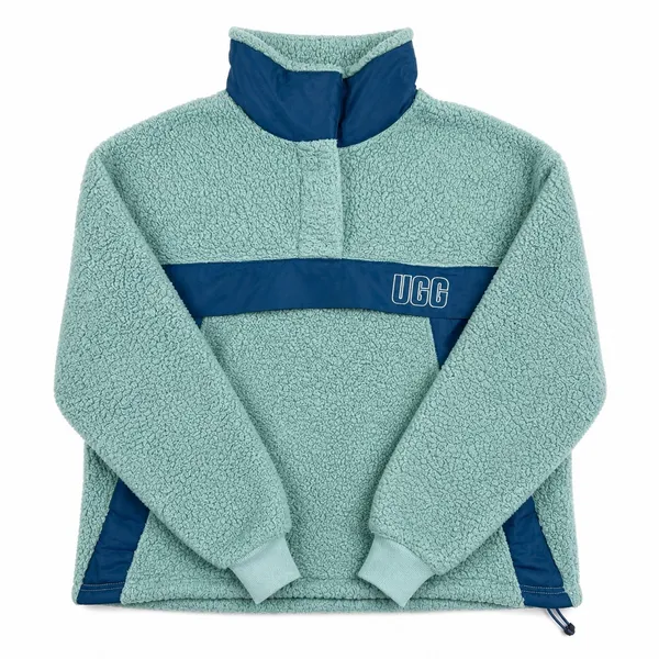 UGG Sherpa Fleece Pullover Women's M Teal Blue Logo Quarter Snap Cozy Sweater - Image 4