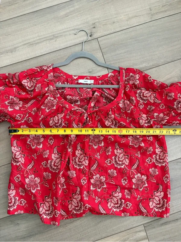 MNG Mango Red Paisley Floral Square Neck Elbow Balloon Sleeves Cotton Linen Top - Image 7