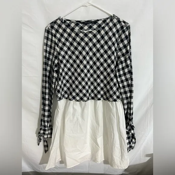 Zara Gingham Poplin Tunic‎ with Side Slit Black White Size Large - Image 2