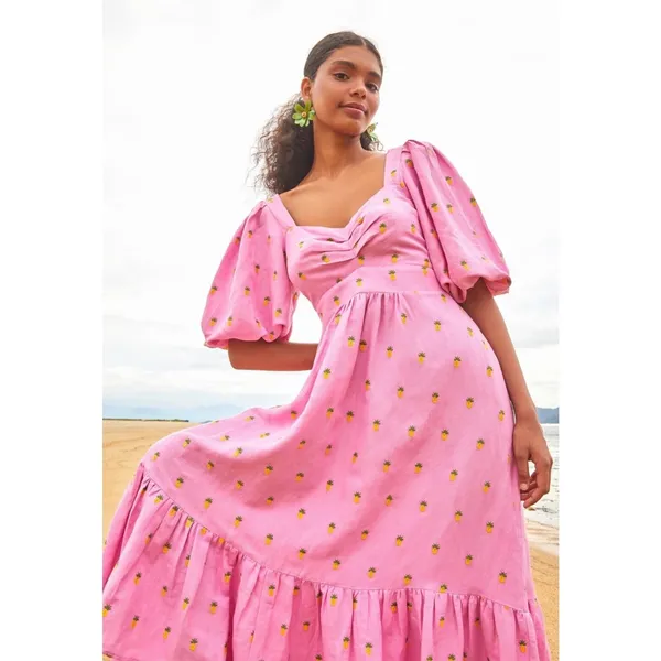 Farm Rio Pink Linen Embroidered Pineapples Tiered Midi Dress SMALL - Image 11
