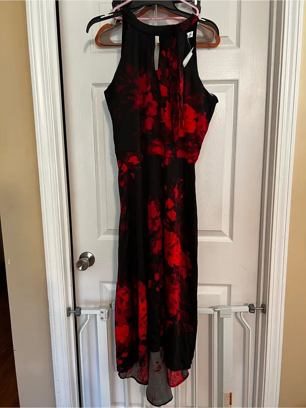 Chetta B Black Dress with Red Floral Print - High-Low Halter - Image 2