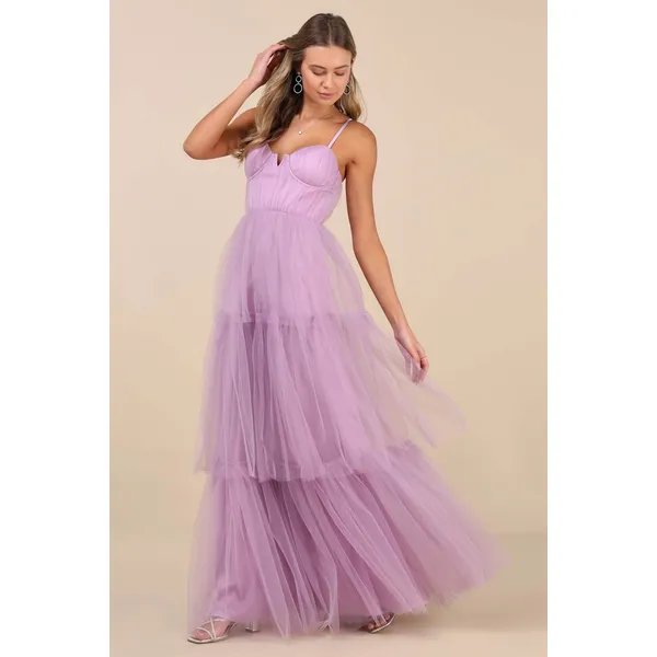 Lulus Unforgettable Poise Lilac Tulle Bustier Tiered Maxi Dress Formal Large NWT - Image 3