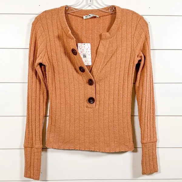 Free People NEW We the Free Oliver Boucle Ribbed Long sleeve Henley in Clay, XS, MSRP $58 - Image 4
