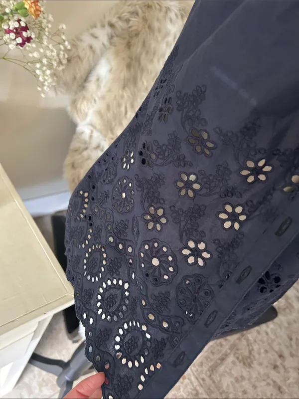 Boho western cottage navy cotton Beaded button down v neck blouse tank top M - Image 3