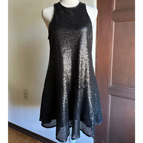 FREE PEOPLE Liquid Shine Black Sequin High Neck Cocktail mini dress Extra Small - Image 3