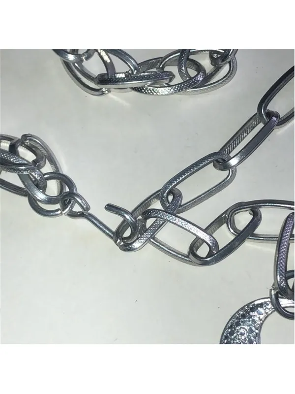 Silver Tone Link Chain Belt with Textured Disc Pendant - Image 3