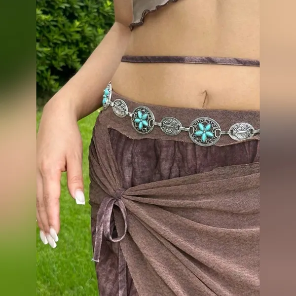 Turquoise Silver Color Vintage Carved‎ Flower Style, Waist Chain Belt - Image 4