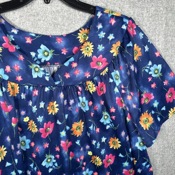 Vintage Plus Size 1X Womens Top MuuMuu Shirt Peasant Hawaiian Floral‎ Boho Blue - Image 3