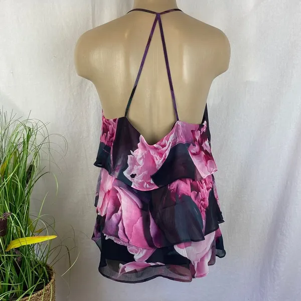 Express Black & Pink Floral Sleeveless Drape Racerback Blouse Top NEW L - Image 3