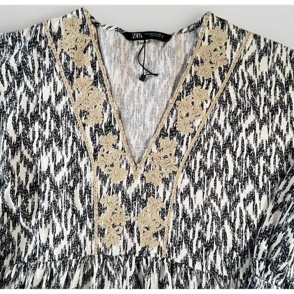 Zara Tunic Top Women‎ Small Black White Ikat Print Crochet Embroidered V-Neck - Image 2